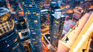 Preview wallpaper skyscrapers, aerial view, night city, roof, toronto