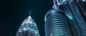 Preview wallpaper skyscrapers, architecture, backlight, view from below, night