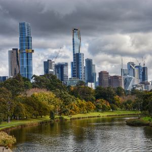 Preview wallpaper skyscrapers, architecture, trees, river