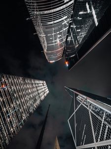 Preview wallpaper skyscrapers, bottom view, architecture, night, dark