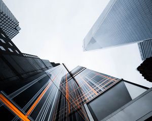 Preview wallpaper skyscrapers, bottom view, architecture, urban, minimalism