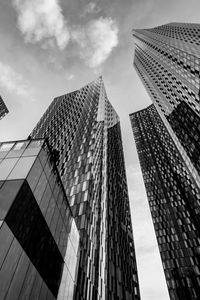 Preview wallpaper skyscrapers, bottom view, black and white, buildings, architecture