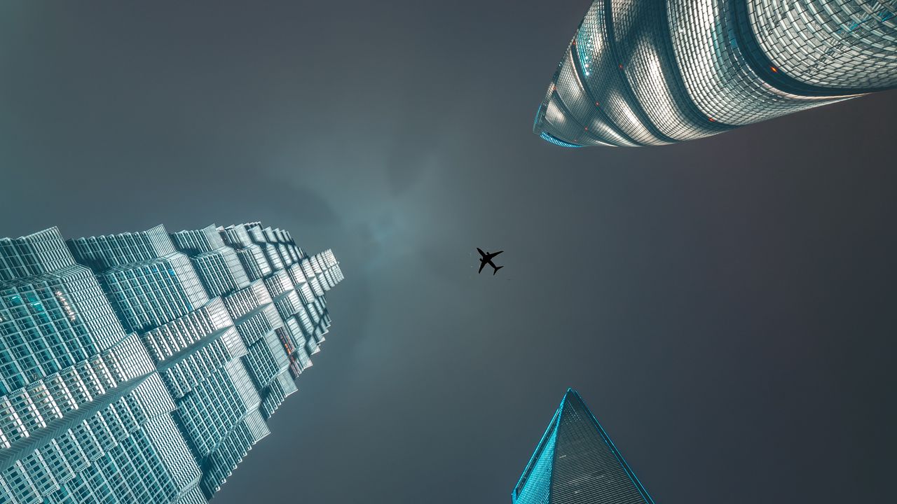 Wallpaper skyscrapers, bottom view, plane, minimalism