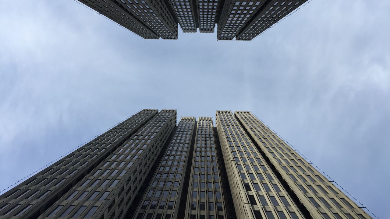 Wallpaper skyscrapers, bottom view, sky