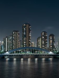 Preview wallpaper skyscrapers, bridge, night city, river, tokyo, japan