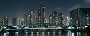 Preview wallpaper skyscrapers, bridge, night city, river, tokyo, japan
