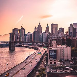 Preview wallpaper skyscrapers, bridge, road, manhattan bridge, new york, united states
