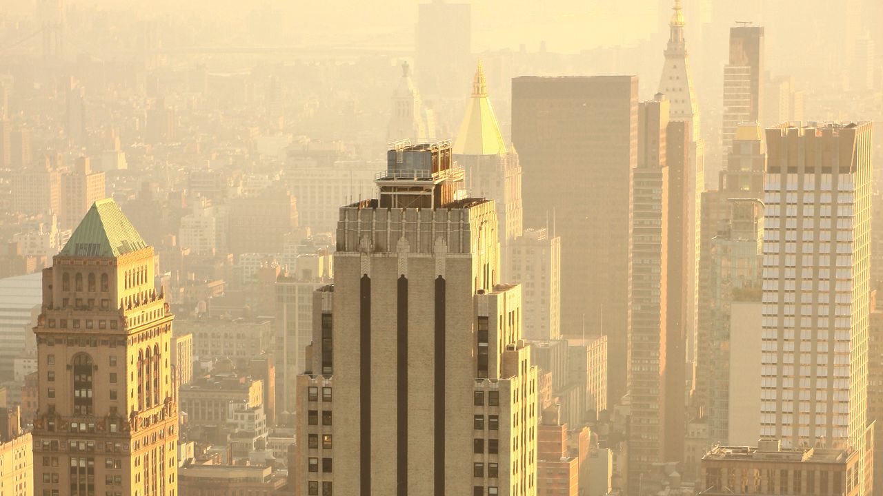 Wallpaper skyscrapers, buildings, aerial view, city, fog