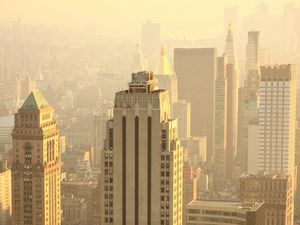 Preview wallpaper skyscrapers, buildings, aerial view, city, fog