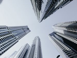 Preview wallpaper skyscrapers, buildings, architecture, sky, bottom view