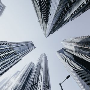 Preview wallpaper skyscrapers, buildings, architecture, sky, bottom view