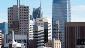 Preview wallpaper skyscrapers, buildings, architecture, flags, city