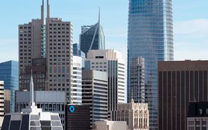 Preview wallpaper skyscrapers, buildings, architecture, flags, city