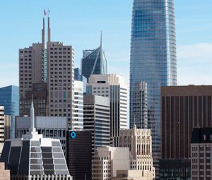 Preview wallpaper skyscrapers, buildings, architecture, flags, city