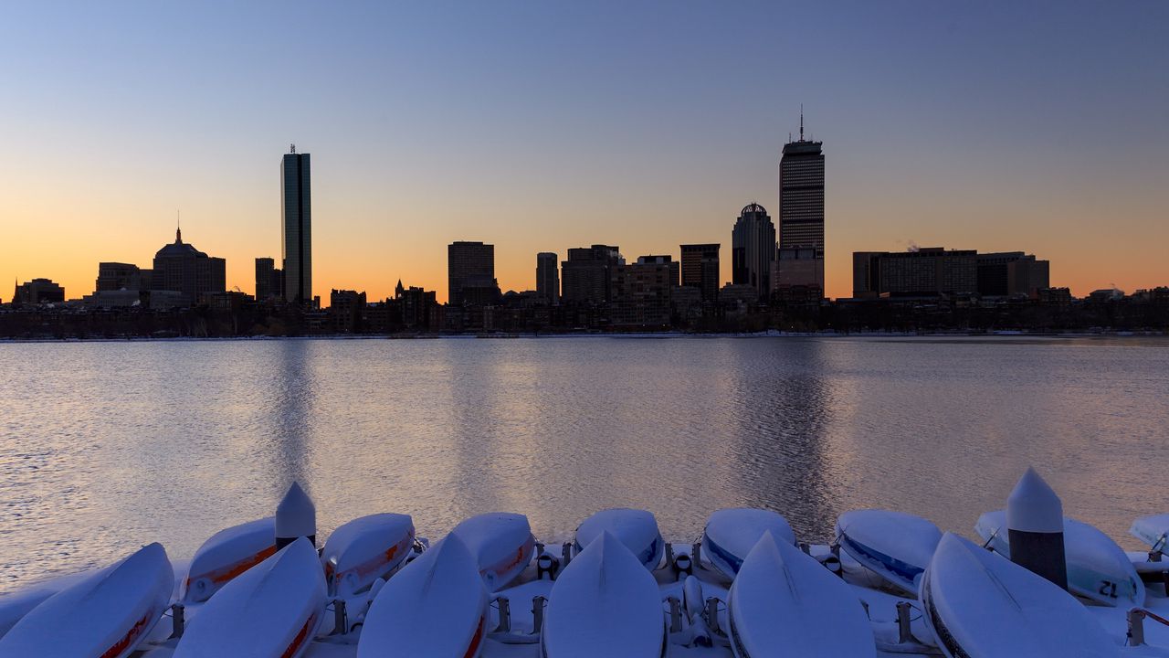 Wallpaper skyscrapers, buildings, boats, water, sunset