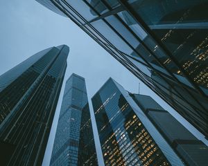 Preview wallpaper skyscrapers, buildings, bottom view, evening