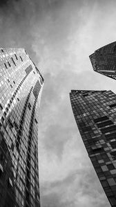 Preview wallpaper skyscrapers, buildings, bottom view, black and white