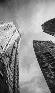 Preview wallpaper skyscrapers, buildings, bottom view, black and white