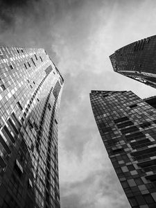 Preview wallpaper skyscrapers, buildings, bottom view, black and white