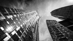Preview wallpaper skyscrapers, buildings, bottom view, black and white