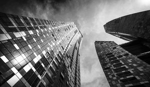 Preview wallpaper skyscrapers, buildings, bottom view, black and white