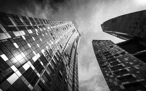 Preview wallpaper skyscrapers, buildings, bottom view, black and white