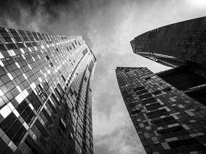 Preview wallpaper skyscrapers, buildings, bottom view, black and white