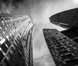 Preview wallpaper skyscrapers, buildings, bottom view, black and white
