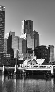 Preview wallpaper skyscrapers, buildings, bridge, river, city, black and white