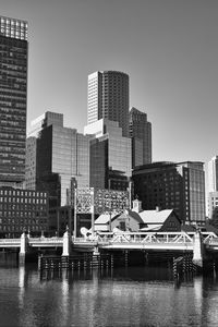 Preview wallpaper skyscrapers, buildings, bridge, river, city, black and white