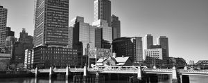 Preview wallpaper skyscrapers, buildings, bridge, river, city, black and white