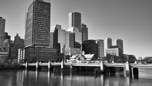 Preview wallpaper skyscrapers, buildings, bridge, river, city, black and white