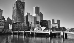 Preview wallpaper skyscrapers, buildings, bridge, river, city, black and white