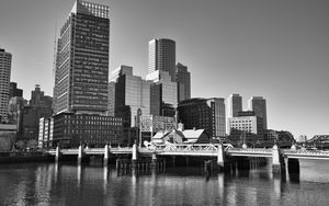 Preview wallpaper skyscrapers, buildings, bridge, river, city, black and white