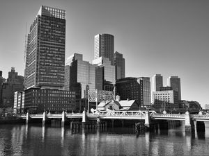 Preview wallpaper skyscrapers, buildings, bridge, river, city, black and white