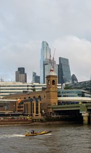 Preview wallpaper skyscrapers, buildings, bridge, river, boat, city