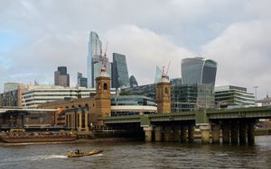 Preview wallpaper skyscrapers, buildings, bridge, river, boat, city