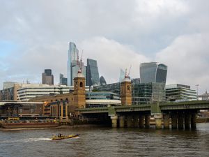 Preview wallpaper skyscrapers, buildings, bridge, river, boat, city