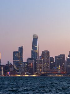 Preview wallpaper skyscrapers, buildings, city, dusk, sea