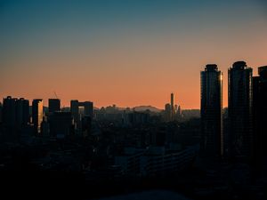 Preview wallpaper skyscrapers, buildings, city, sunset, dusk
