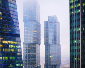 Preview wallpaper skyscrapers, buildings, city, fog, architecture, modern