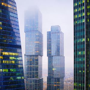 Preview wallpaper skyscrapers, buildings, city, fog, architecture, modern