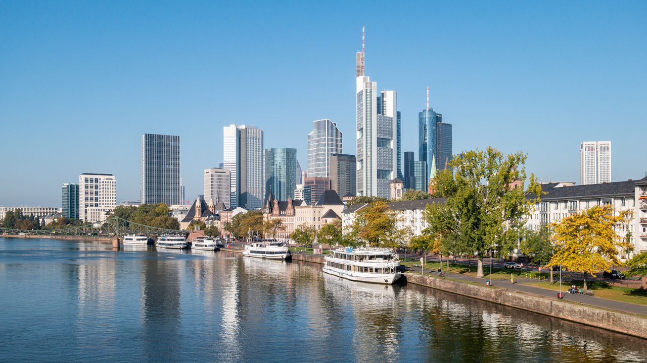 Wallpaper skyscrapers, buildings, city, river, ship