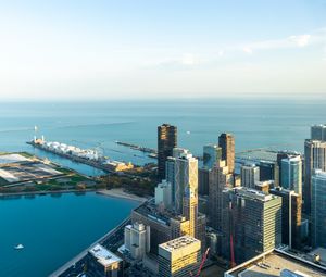 Preview wallpaper skyscrapers, buildings, city, pier, sea, aerial view