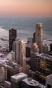 Preview wallpaper skyscrapers, buildings, city, coast, ice, chicago, aerial view