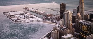 Preview wallpaper skyscrapers, buildings, city, coast, ice, chicago, aerial view