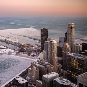Preview wallpaper skyscrapers, buildings, city, coast, ice, chicago, aerial view