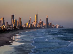 Preview wallpaper skyscrapers, buildings, coast, sea, beach, city