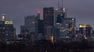 Preview wallpaper skyscrapers, buildings, lights, twilight, trees, city