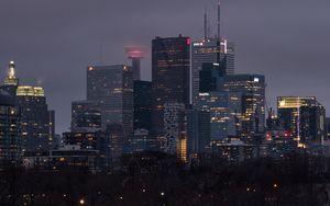 Preview wallpaper skyscrapers, buildings, lights, twilight, trees, city